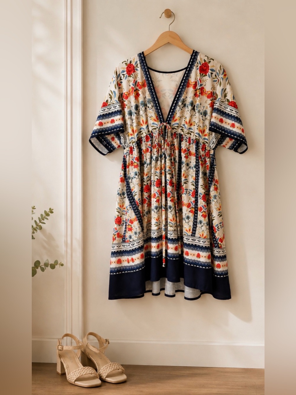 Floral V-Neck Boho Midi Dress in Cream and Navy